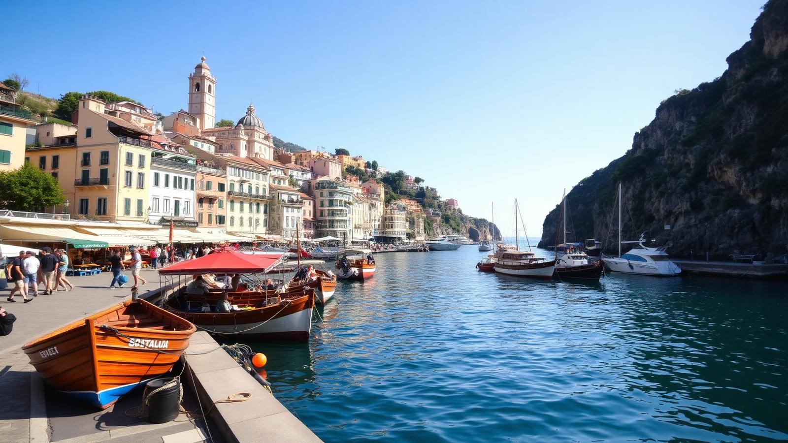 The waterfront promenade and colorful harbor of Amalfi town with wooden boats and historic buildings.