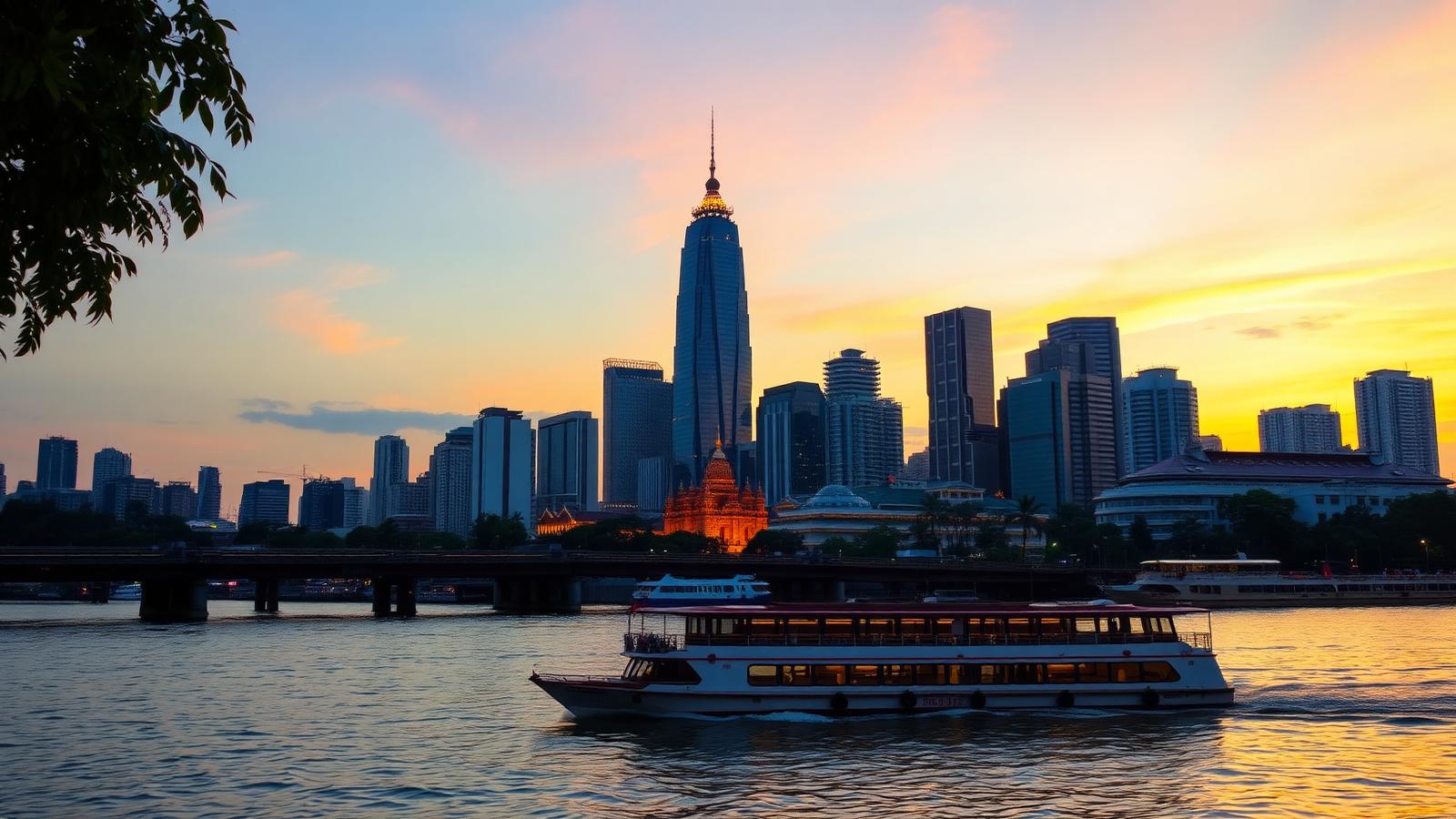 Bangkok skyline at sunset over the Chao Phraya River with modern high rise buildings and a river boat passing.