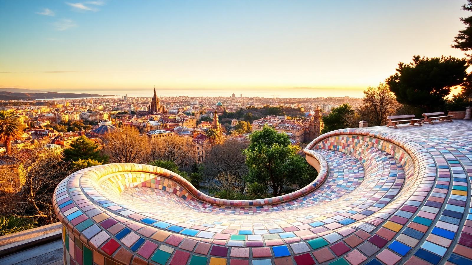 The colorful tiled serpentine terrace at Park Guell overlooking Barcelona in golden morning light.
