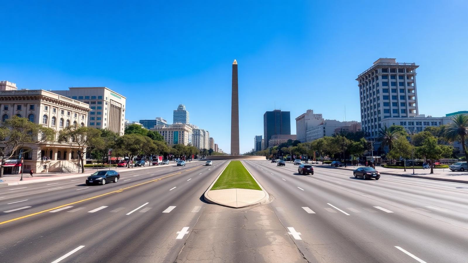 The wide Avenida 9 de Julio in Buenos Aires with the Obelisco monument as the focal point in bright daylight.