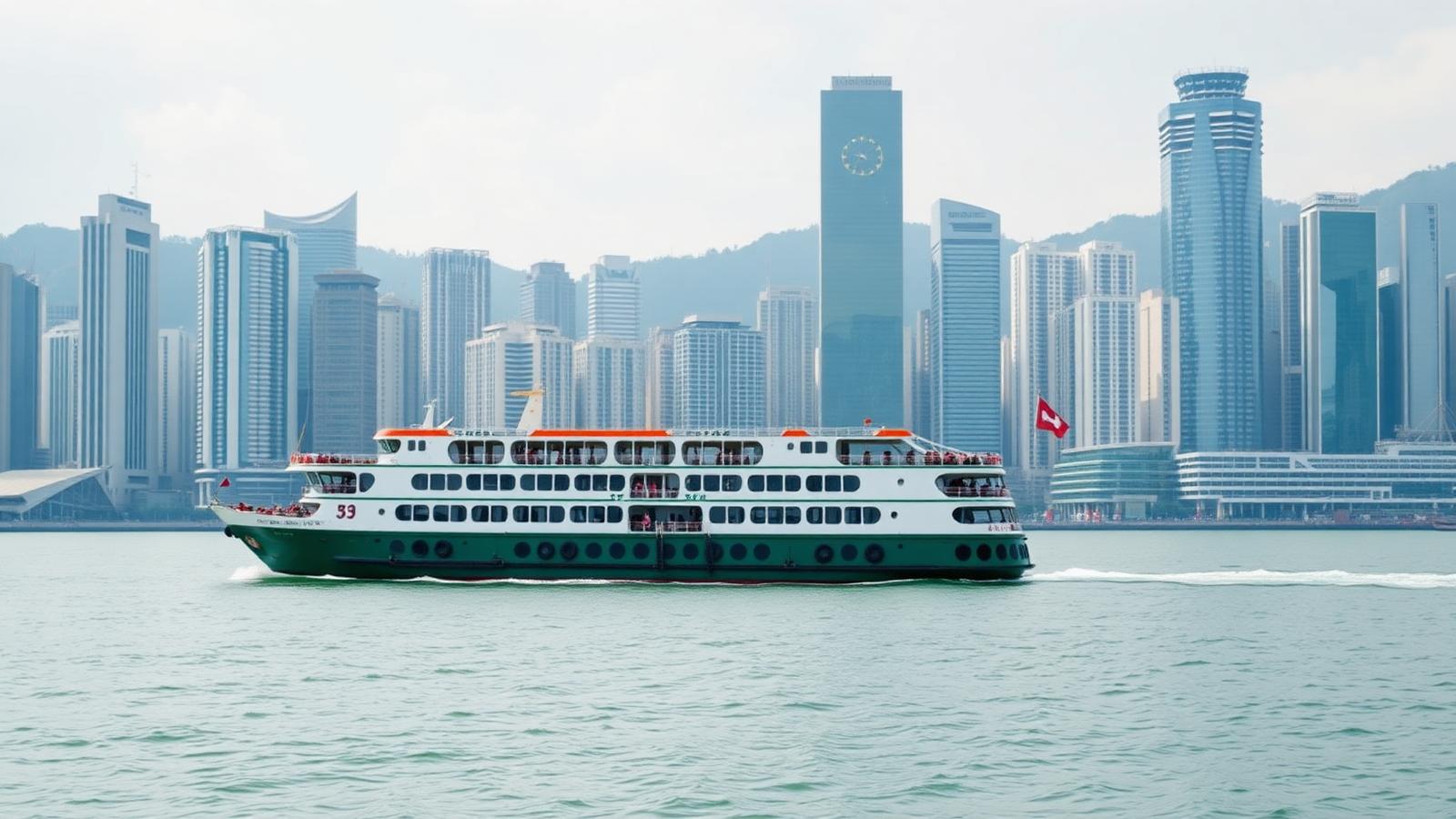 The green and white Star Ferry crossing Victoria Harbour with the Hong Kong Island skyline behind.