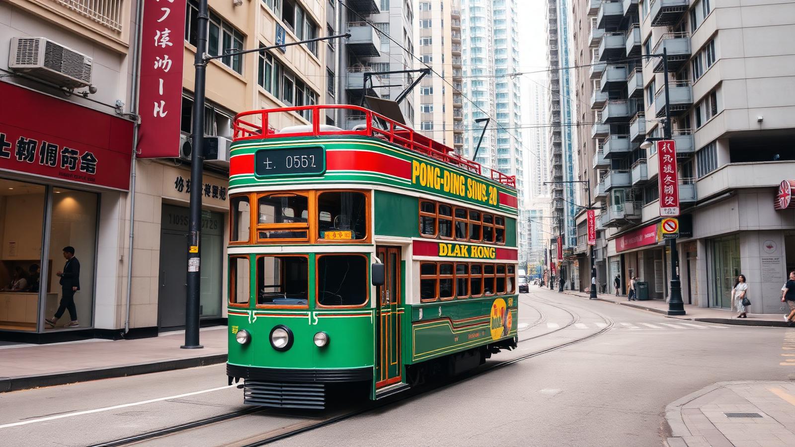 A classic colorful double-decker tram travelling through the Central district of Hong Kong.