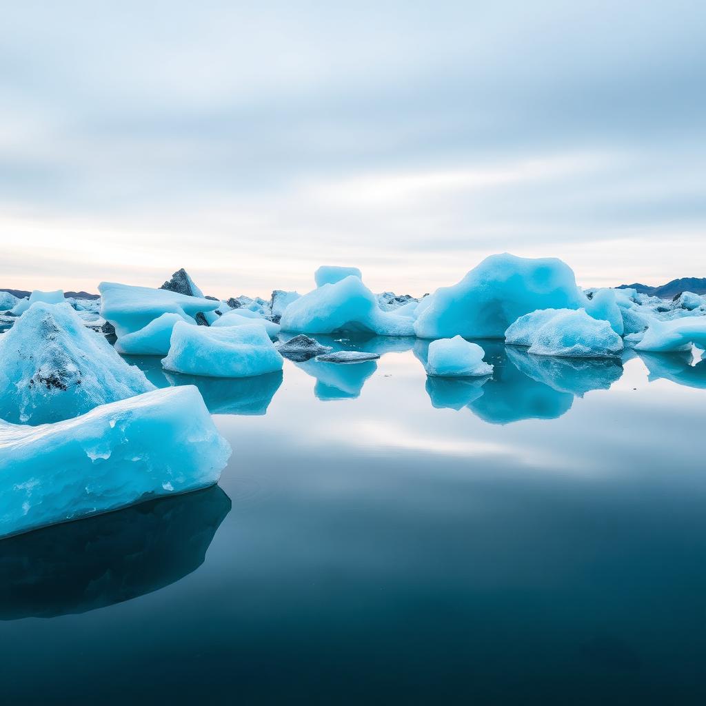 Jokulsarlon glacier lagoon in southern Iceland with floating blue icebergs reflected in calm water.