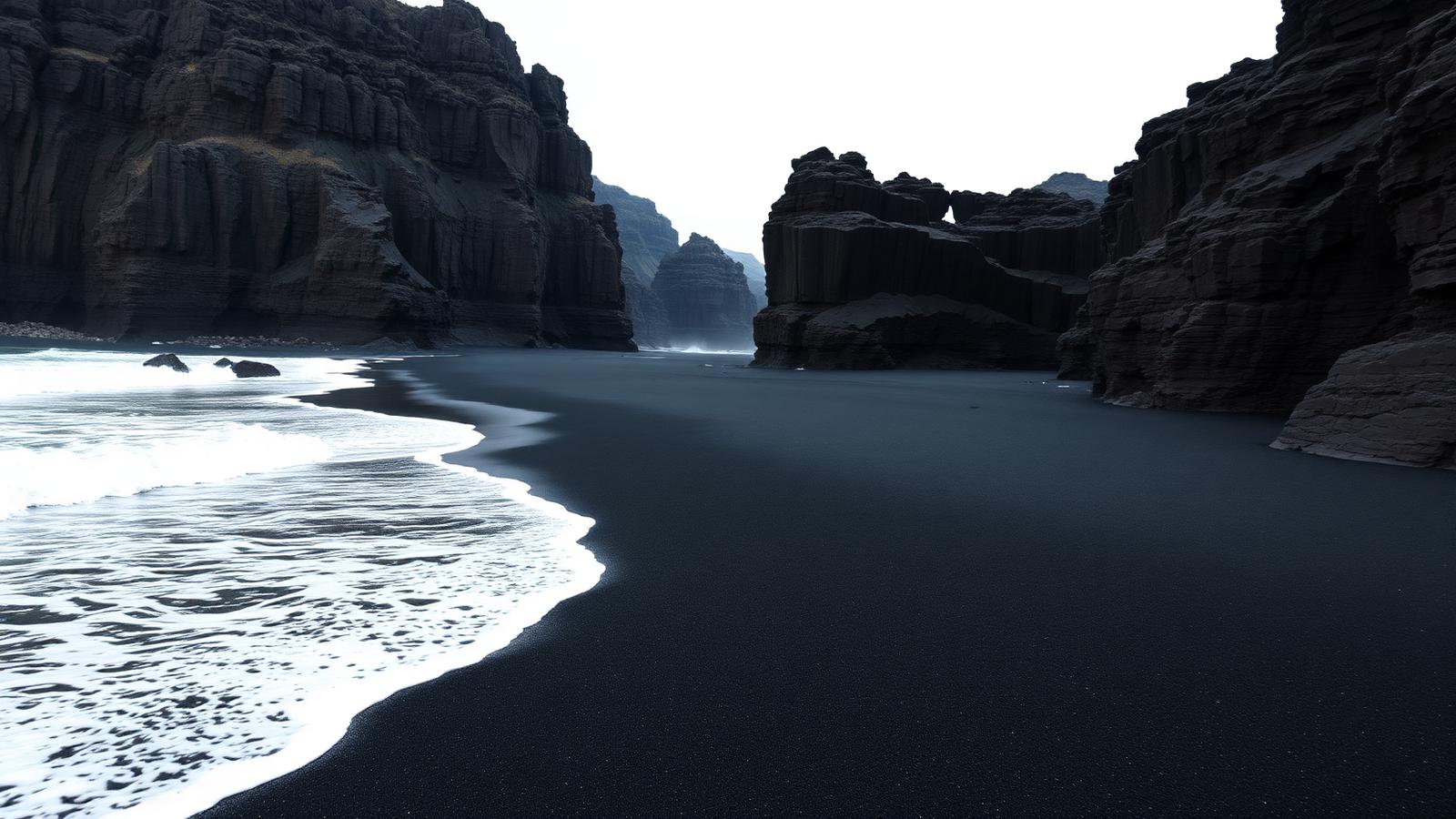 Reynisfjara black sand beach in southern Iceland with towering basalt columns and North Atlantic waves.