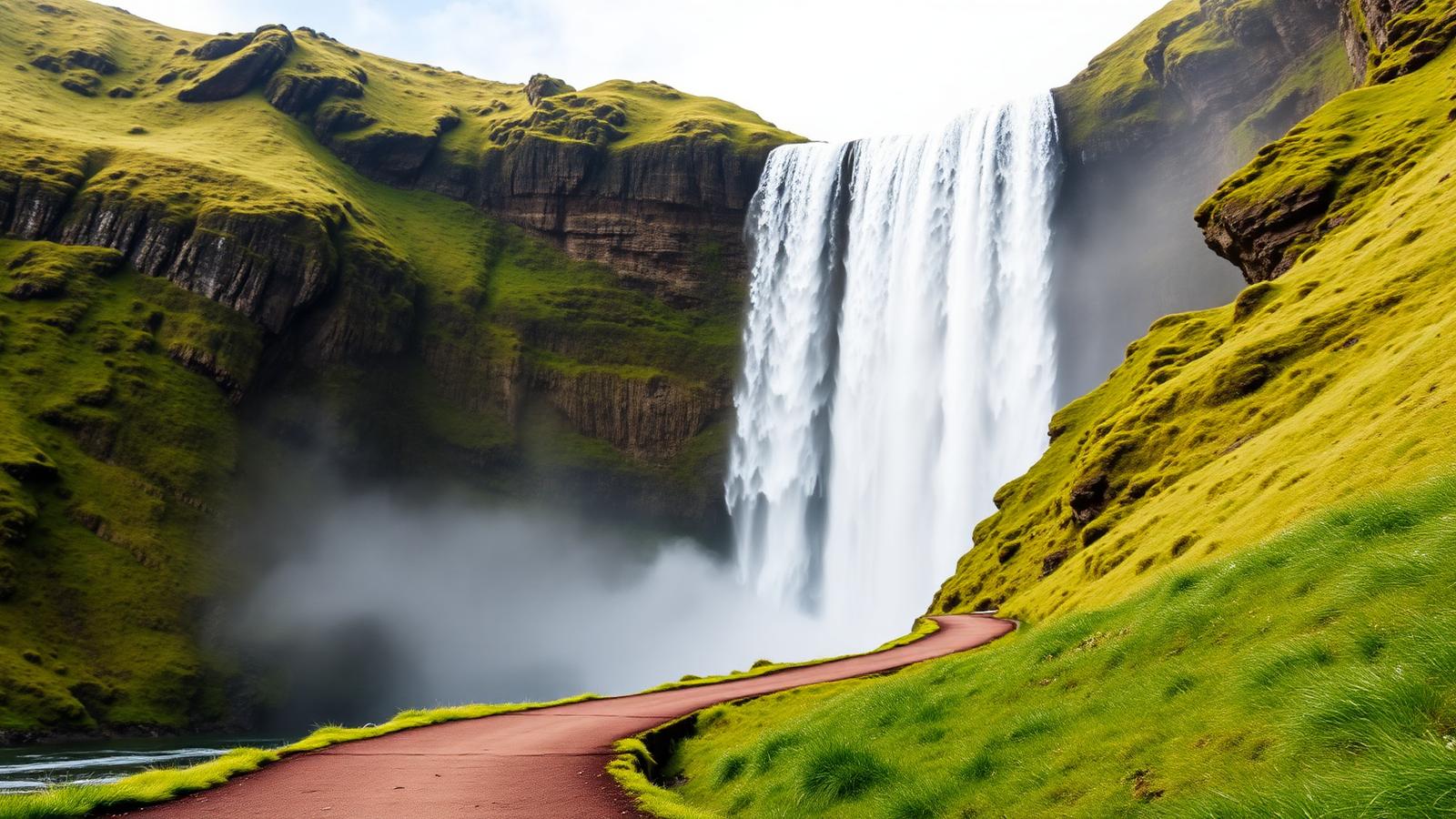 Seljalandsfoss waterfall in Iceland with the walking path leading behind the cascade and green mossy cliffs.