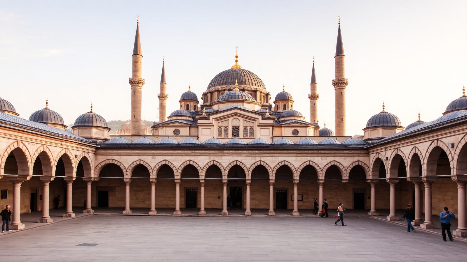 The quiet arcaded courtyard of the Suleymaniye Mosque in Istanbul with domes and minarets in soft morning light.