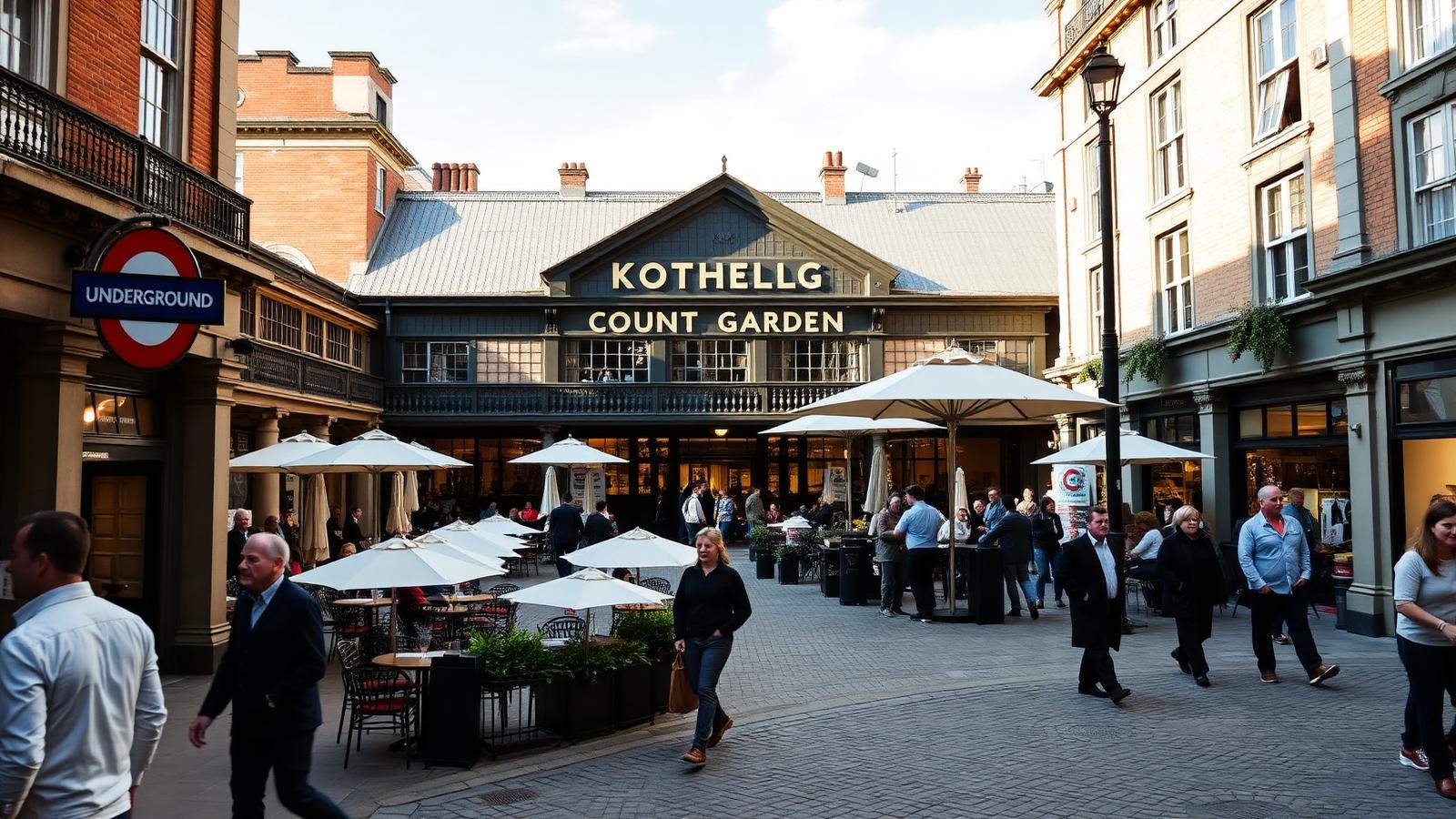 Covent Garden Piazza in London with the historic market building, outdoor cafes and pedestrians on cobblestones.