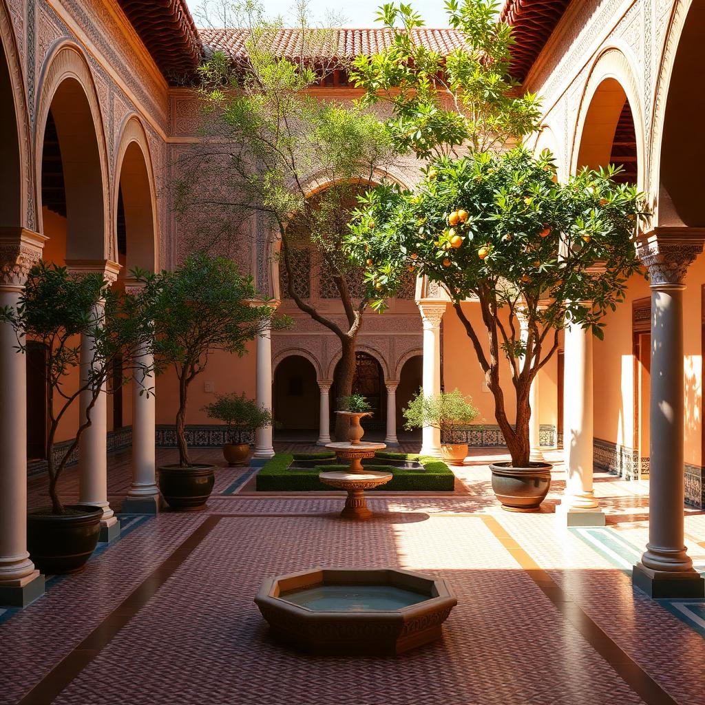 The elegant courtyard of Bahia Palace in Marrakech with colorful zellige mosaics, carved arches and orange trees in soft afternoon light.