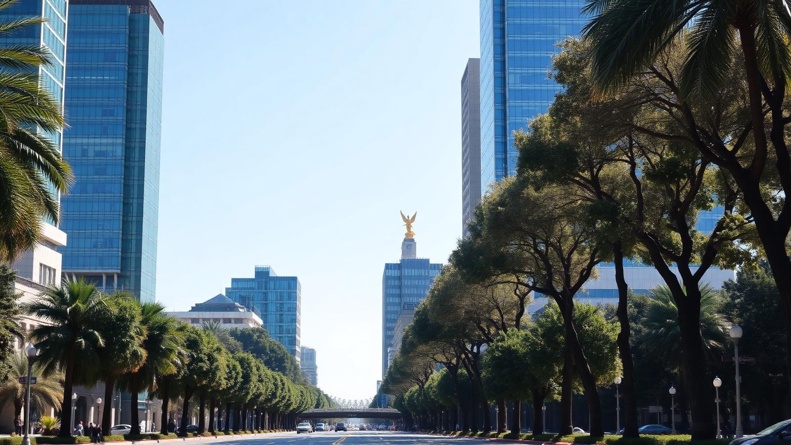Paseo de la Reforma in Mexico City lined with trees and modern skyscrapers, the Angel of Independence visible in the distance.