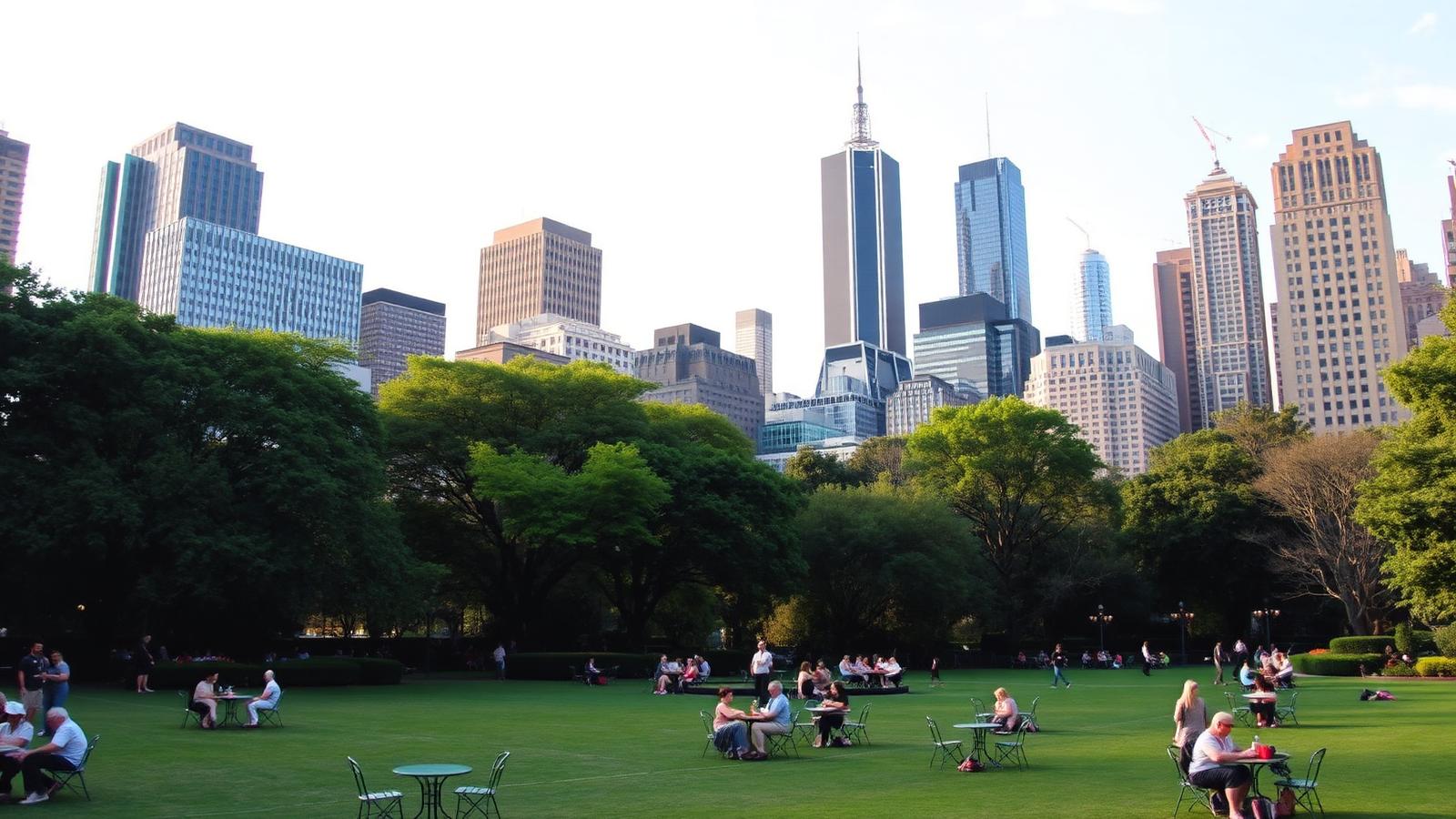 Bryant Park lawn and cafe chairs with Midtown Manhattan skyscrapers rising behind the trees.