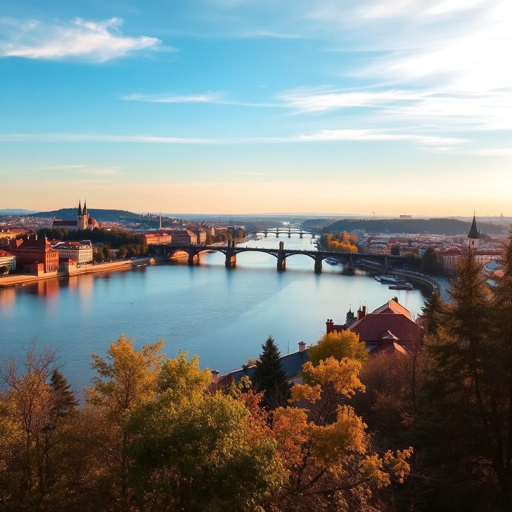 Panoramic view from Letna Park in soft afternoon light over the Vltava River and Prague's historic bridges.